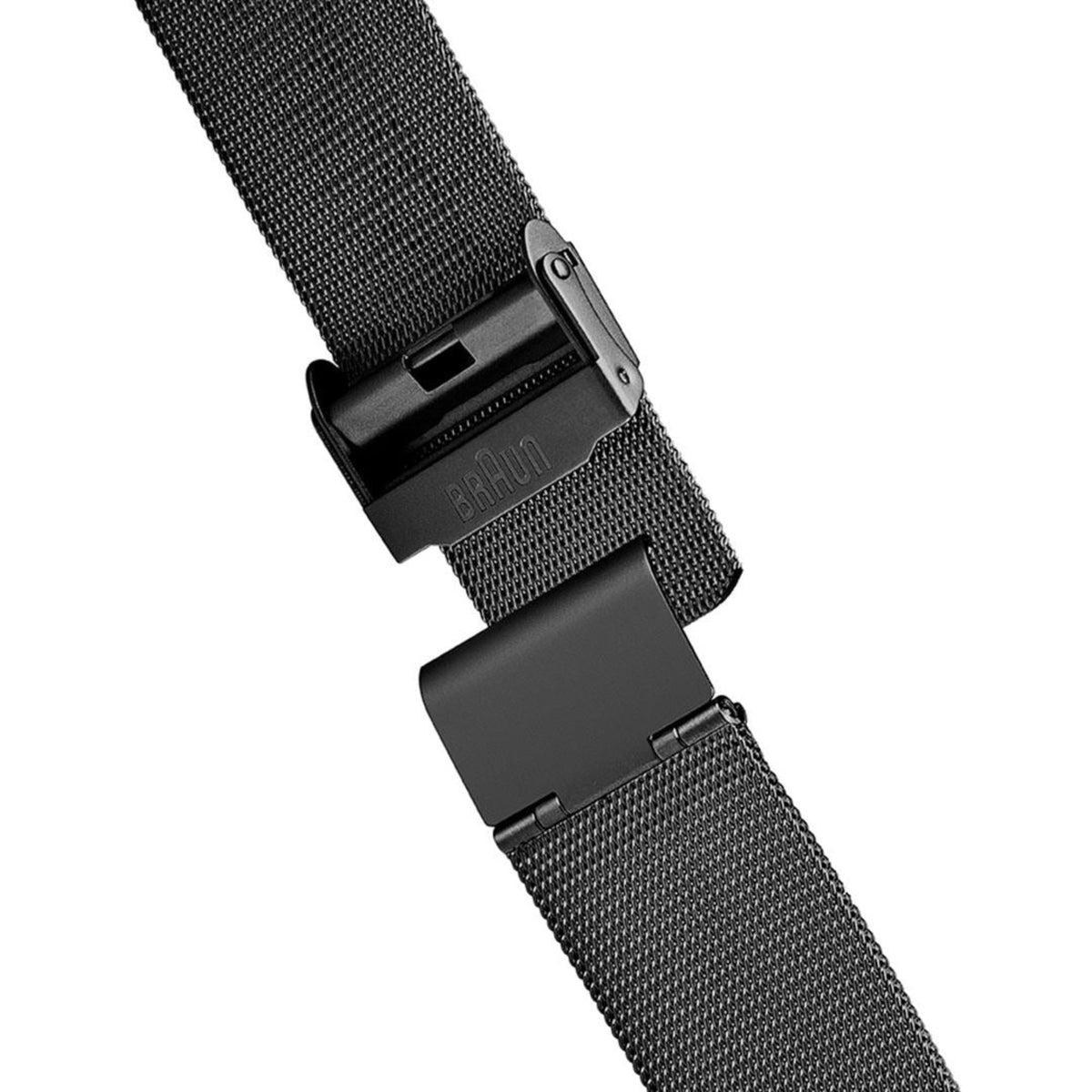 Black steel mesh watch band clasp and connector detail with rectangular buckle