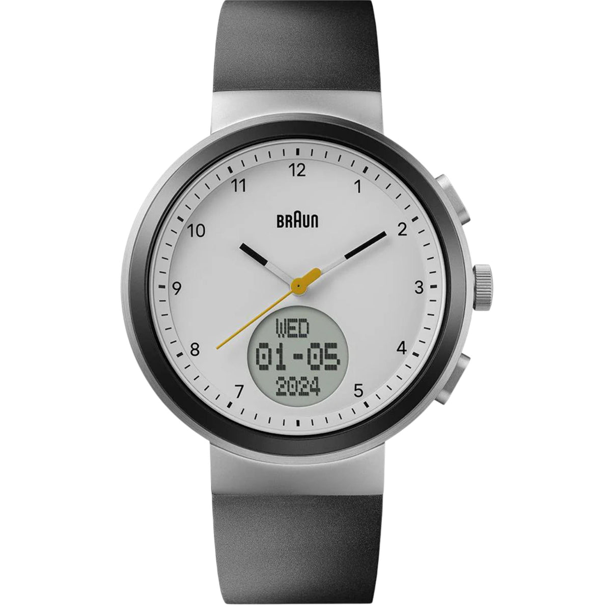 Braun Step watch with white dial, black silicone strap, round stainless case and digital display
