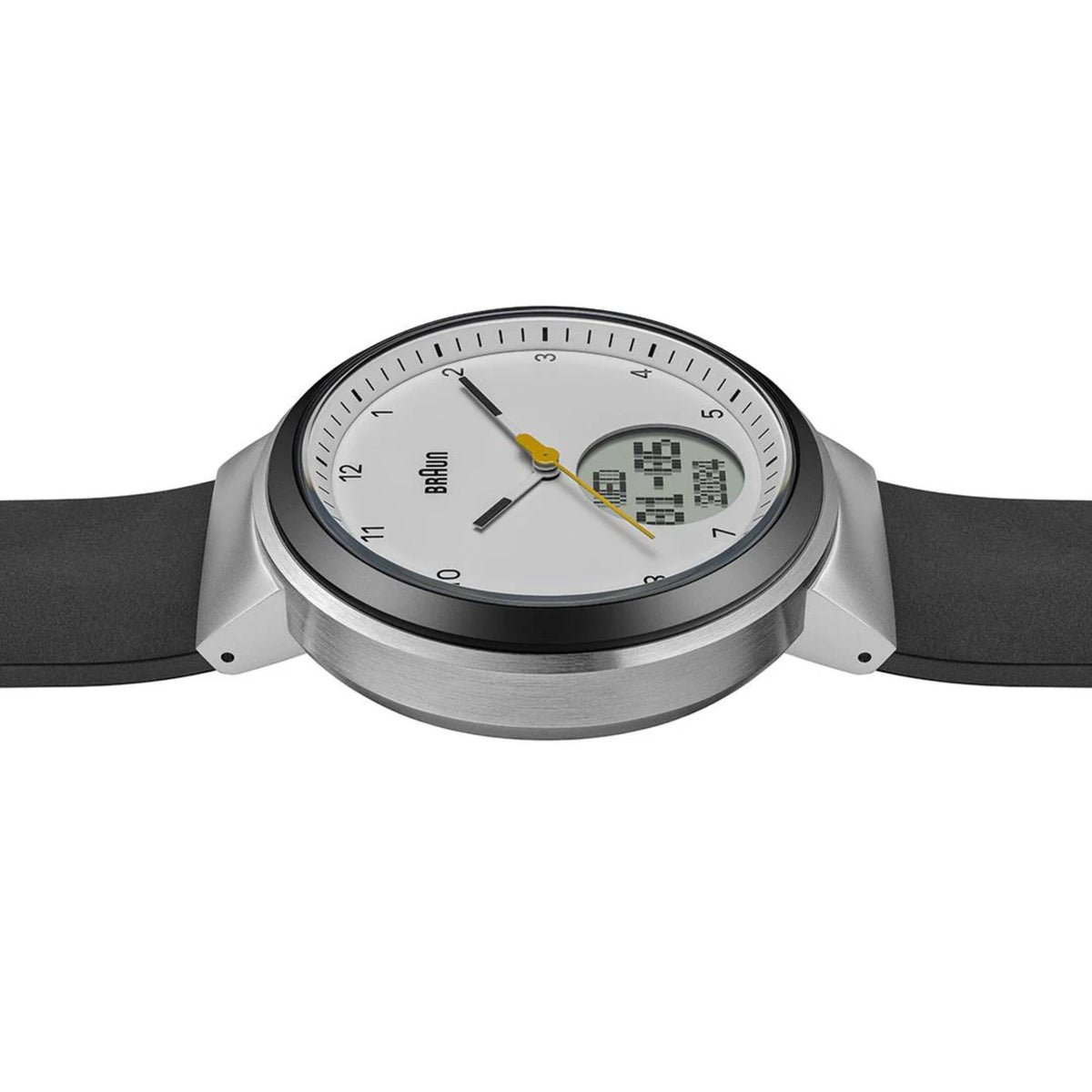 Braun Step watch front view with white dial, yellow second hand, black silicone strap
