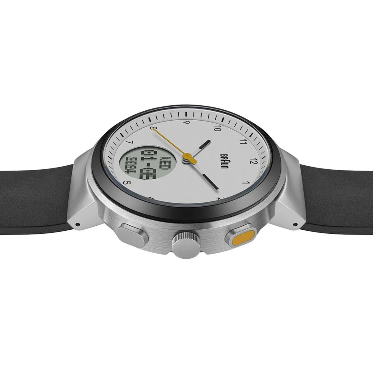 Braun Step watch side view showing buttons and crown on black silicone strap