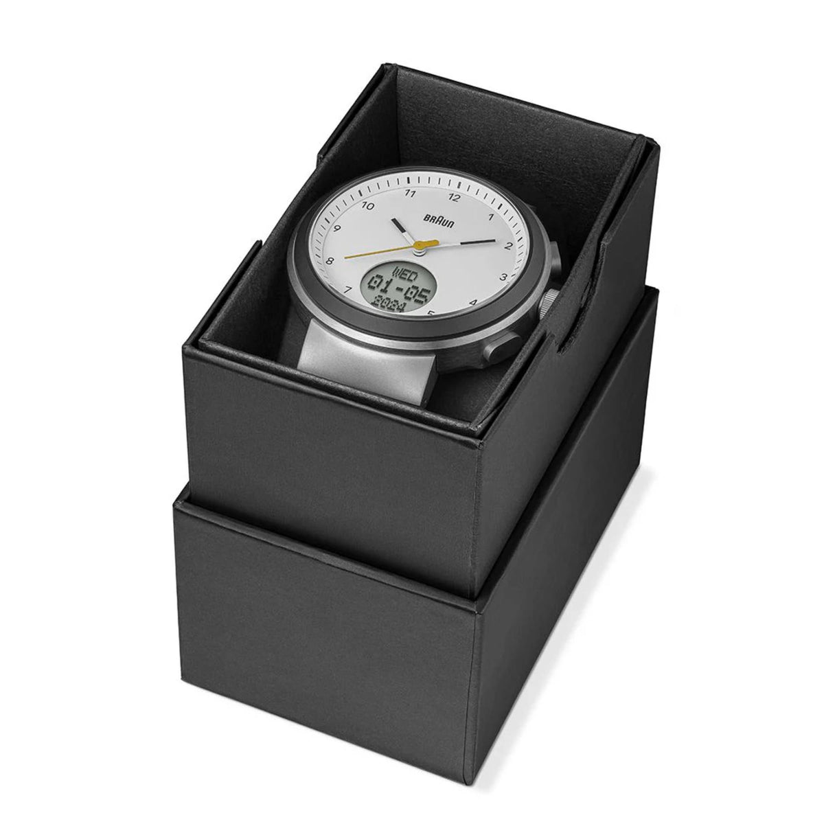 Braun Step watch in black gift box, white dial and black silicone strap visible