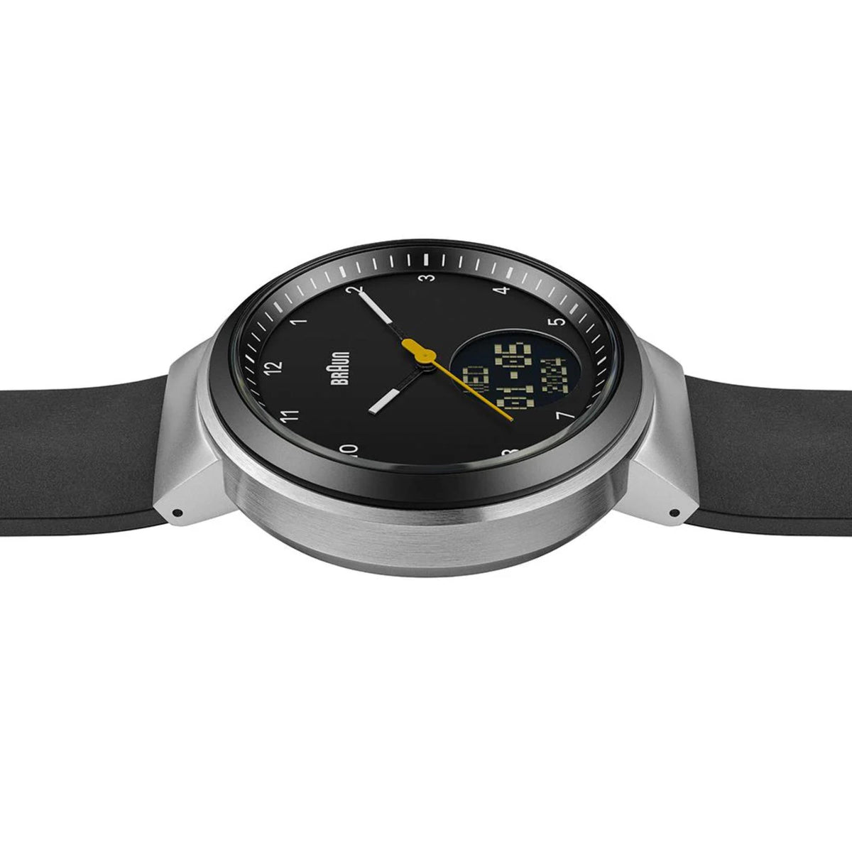 Braun Step watch on black silicone strap, round case with digital subdials