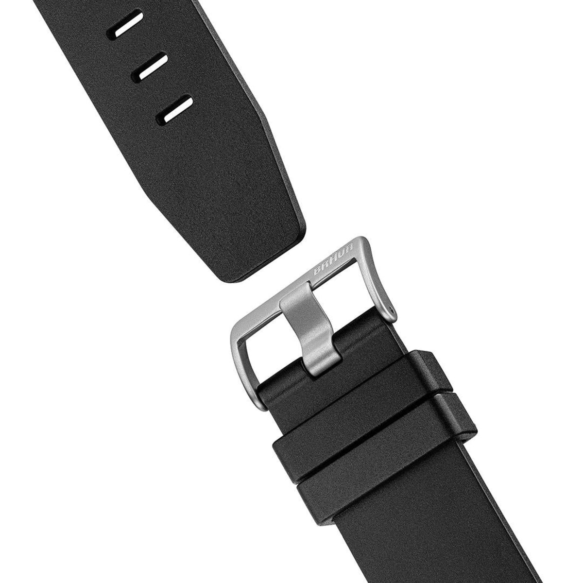 Braun Step watch strap detail with black silicone band and metal buckle