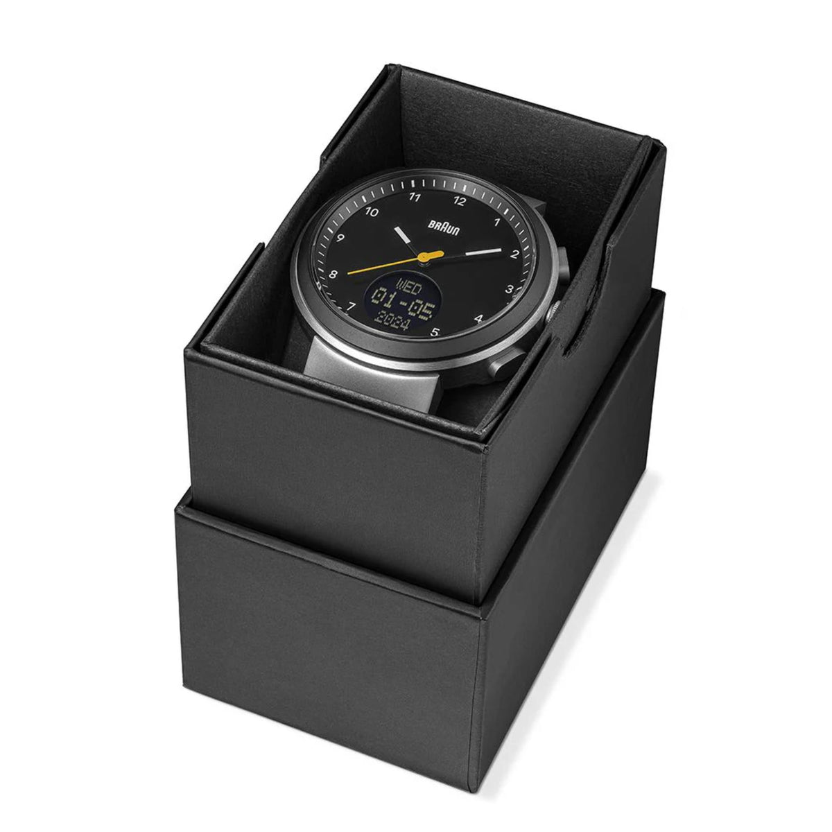 Braun Step watch in black gift box, black dial and silicone strap visible