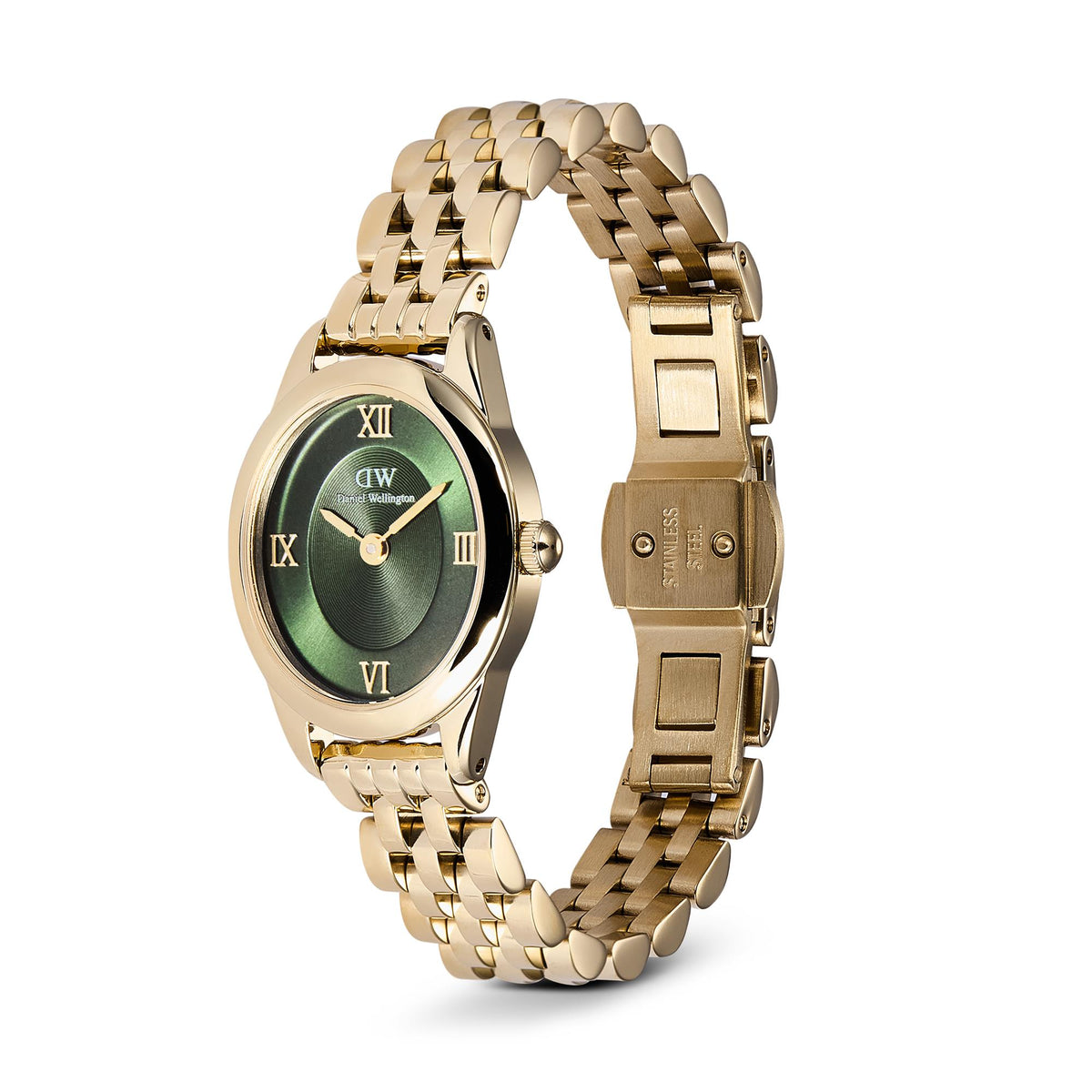 Gold-tone steel watch with green dial and roman numeral markers, side view
