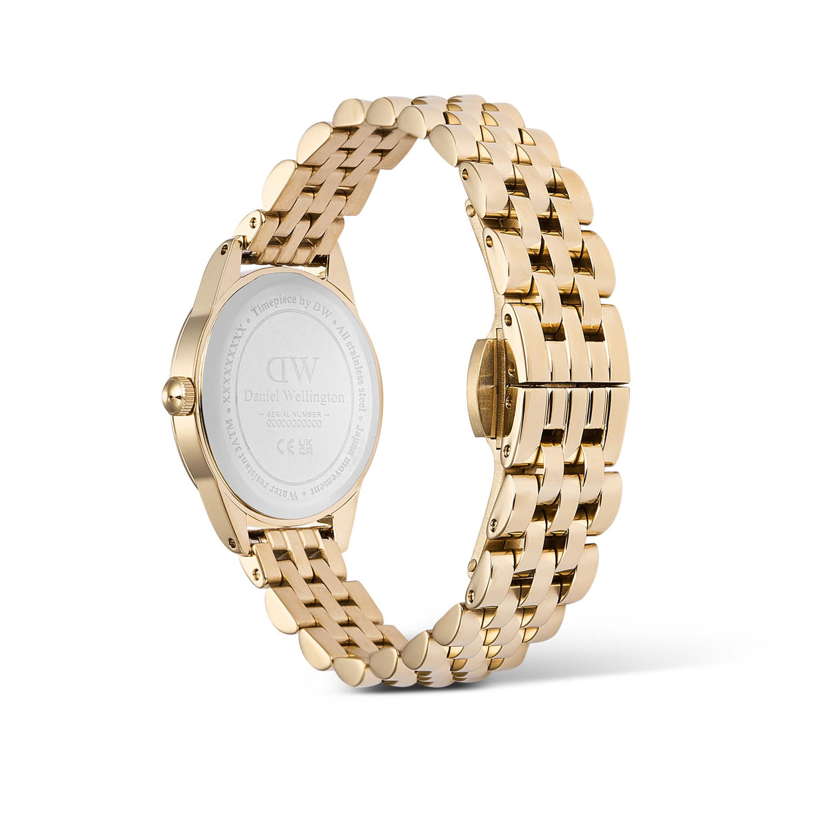 Back view of gold-tone steel watch with green dial and linked bracelet