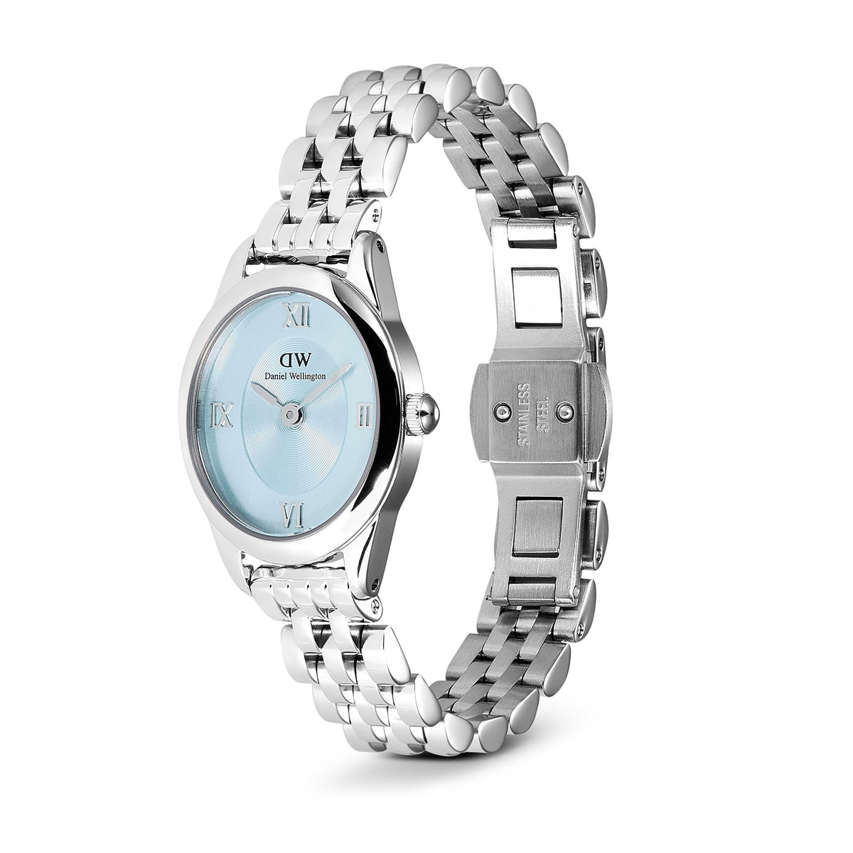 Steel quartz watch with light blue dial and Roman numerals, linked bracelet and case