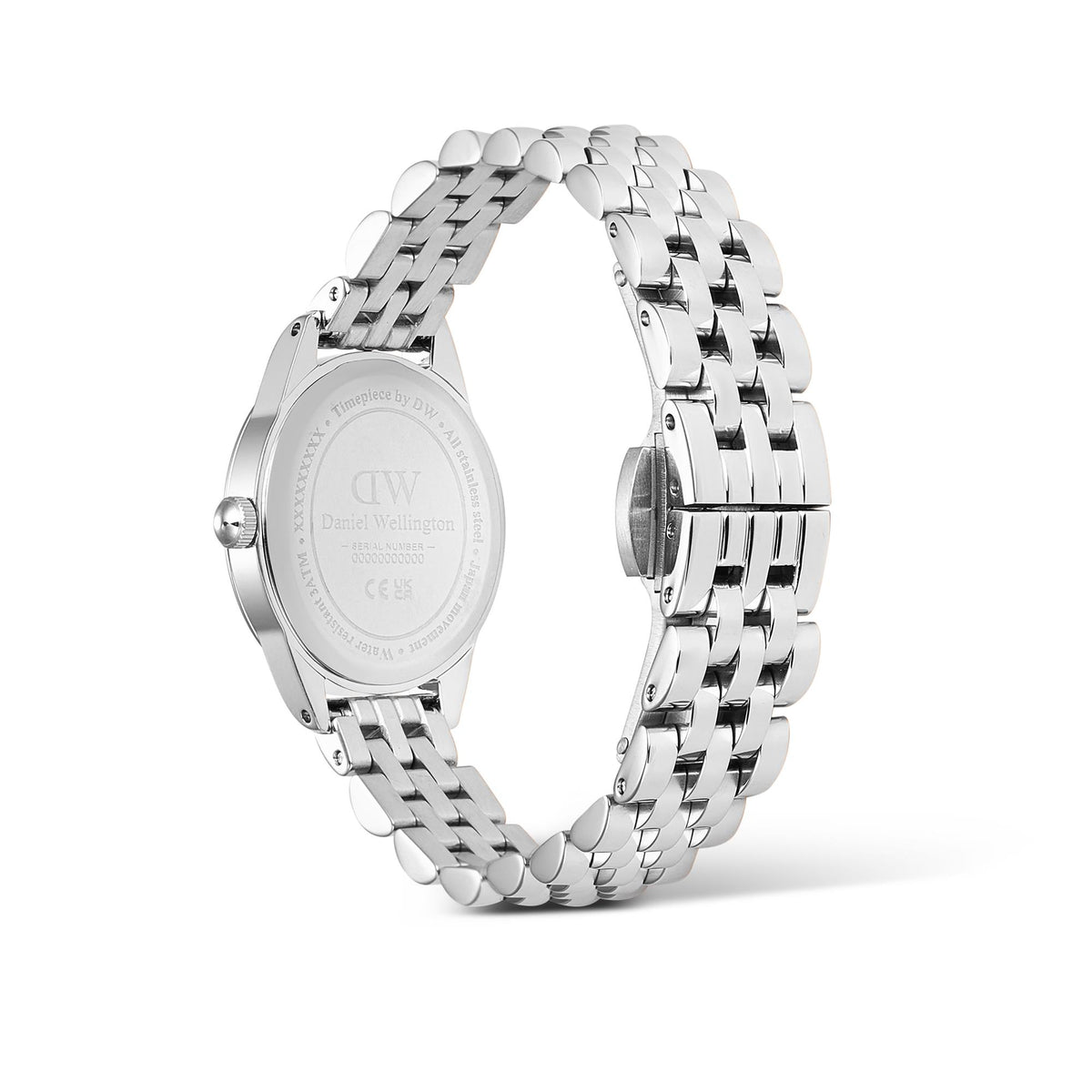 Steel quartz watch from side view with linked bracelet, light blue dial, Roman numerals