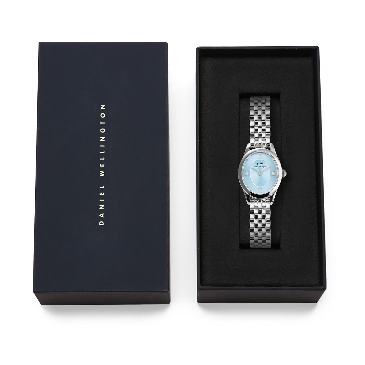 Daniel Wellington watch in black presentation box with light blue dial and steel bracelet