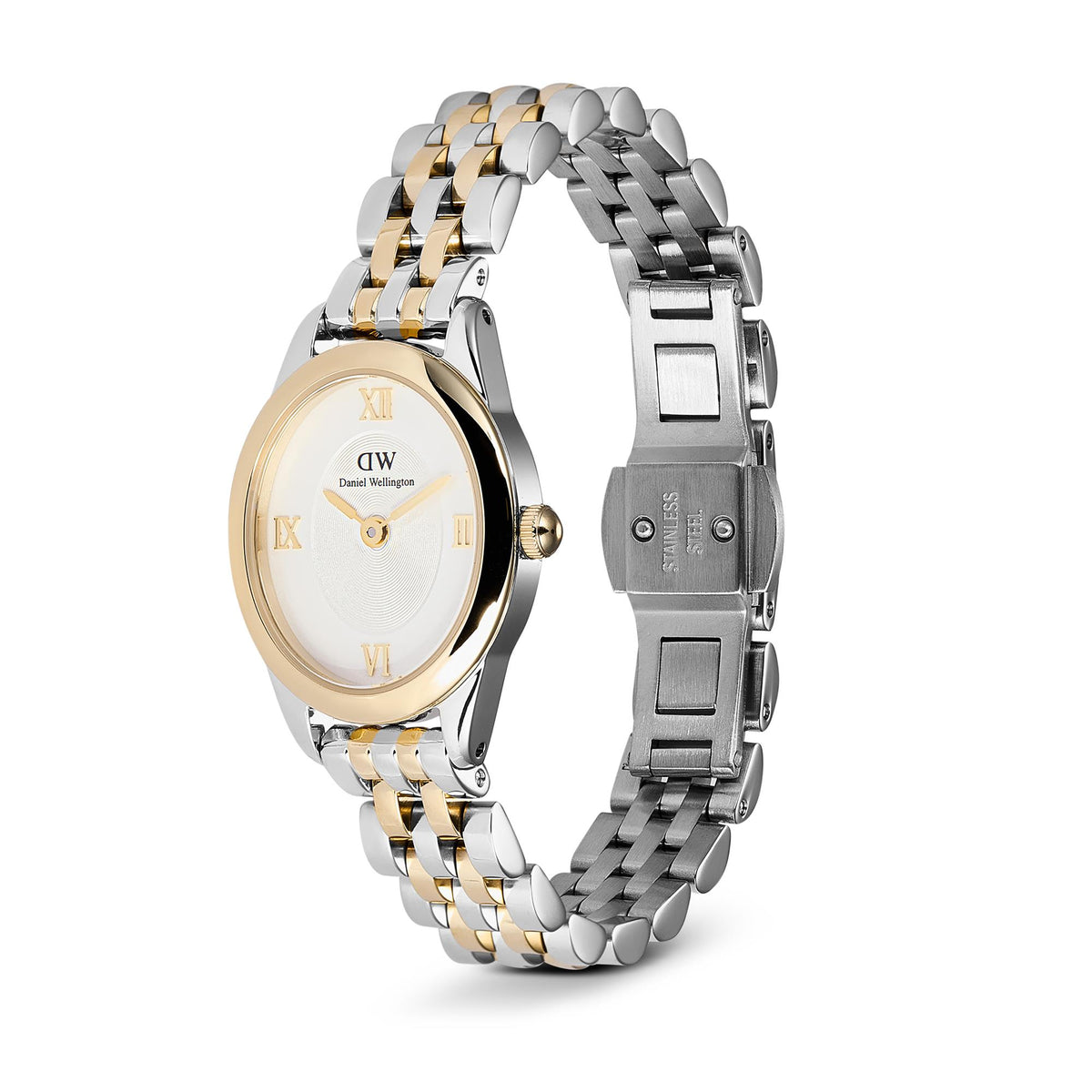 Daniel Wellington Ophelia watch side view with two-tone steel bracelet and white dial