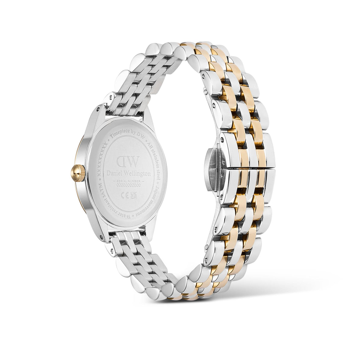 Two-tone steel watch back and bracelet clasp, white dial visible