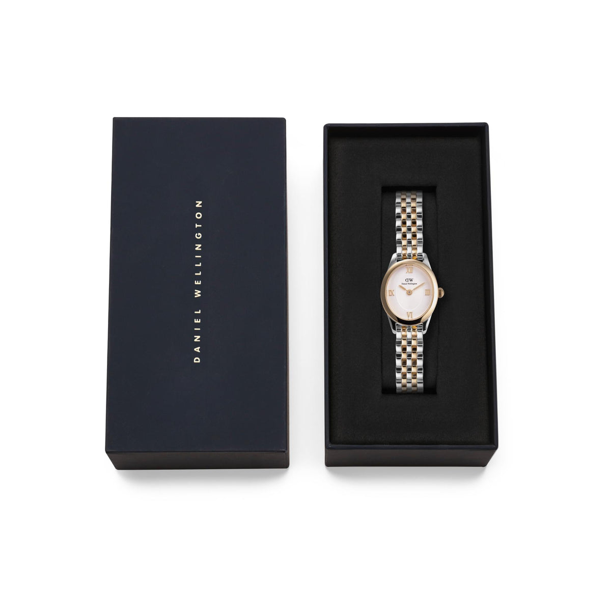 Daniel Wellington watch in gift box with white dial and two-tone metal bracelet