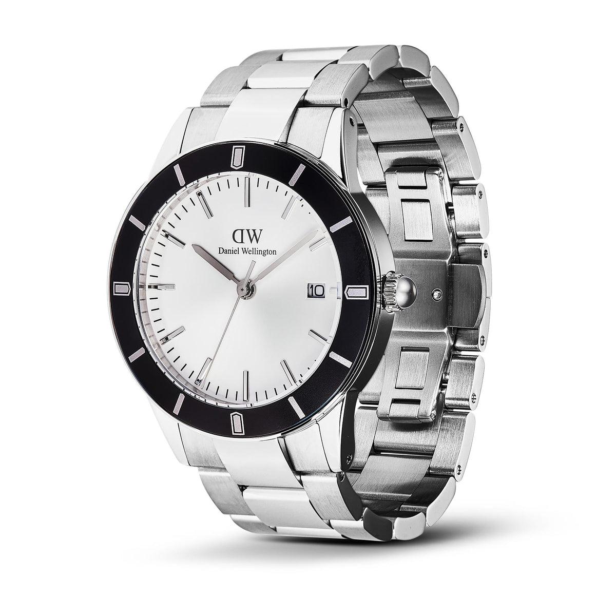 Steel quartz watch with white dial and black bezel, metal links and side crown