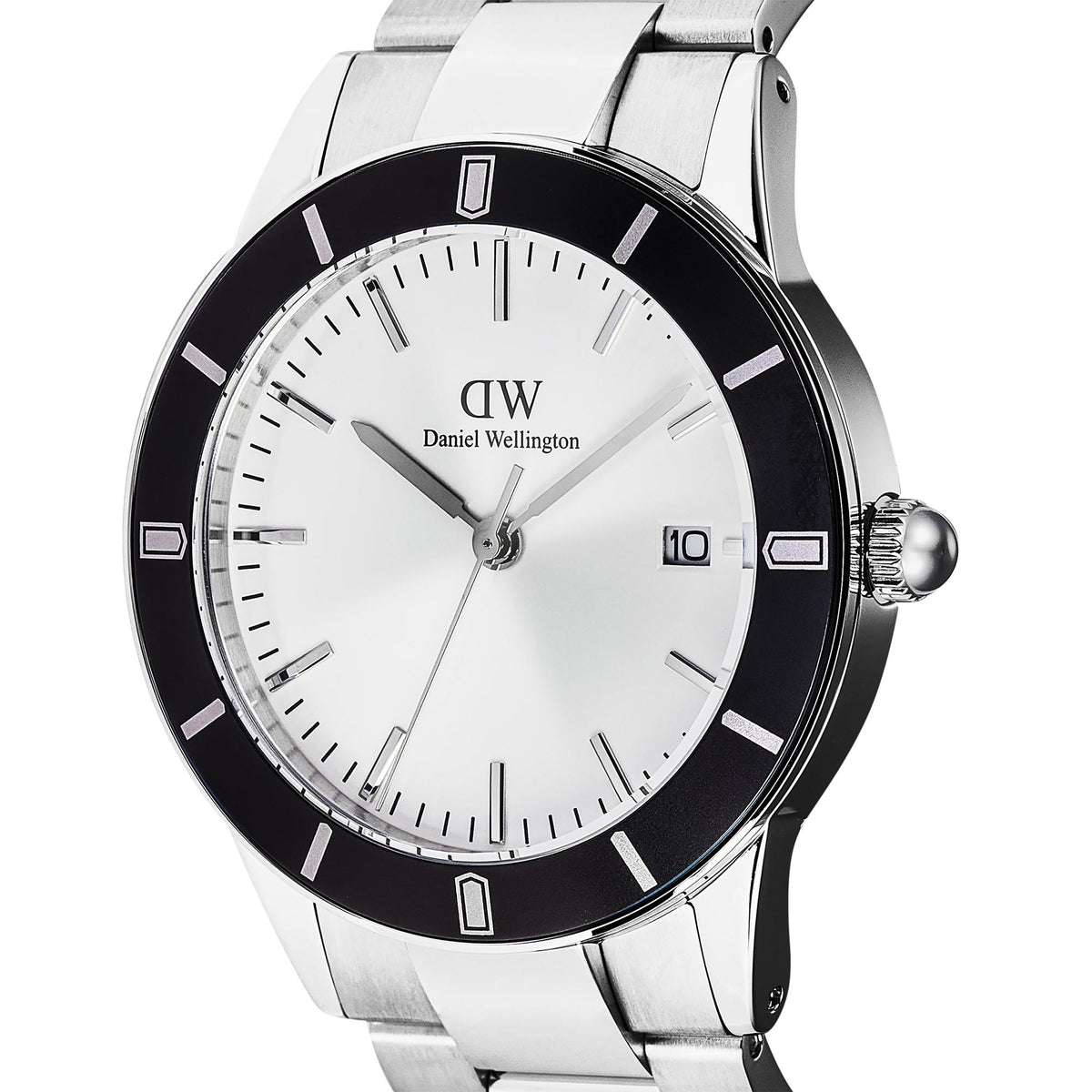Quartz watch with white dial, black bezel, silver hands, and metal link bracelet