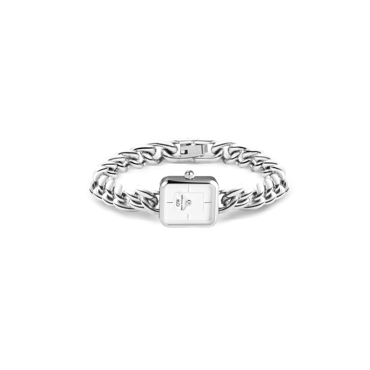 Square-faced Daniel Wellington Jolie watch with silver chain bracelet and white dial
