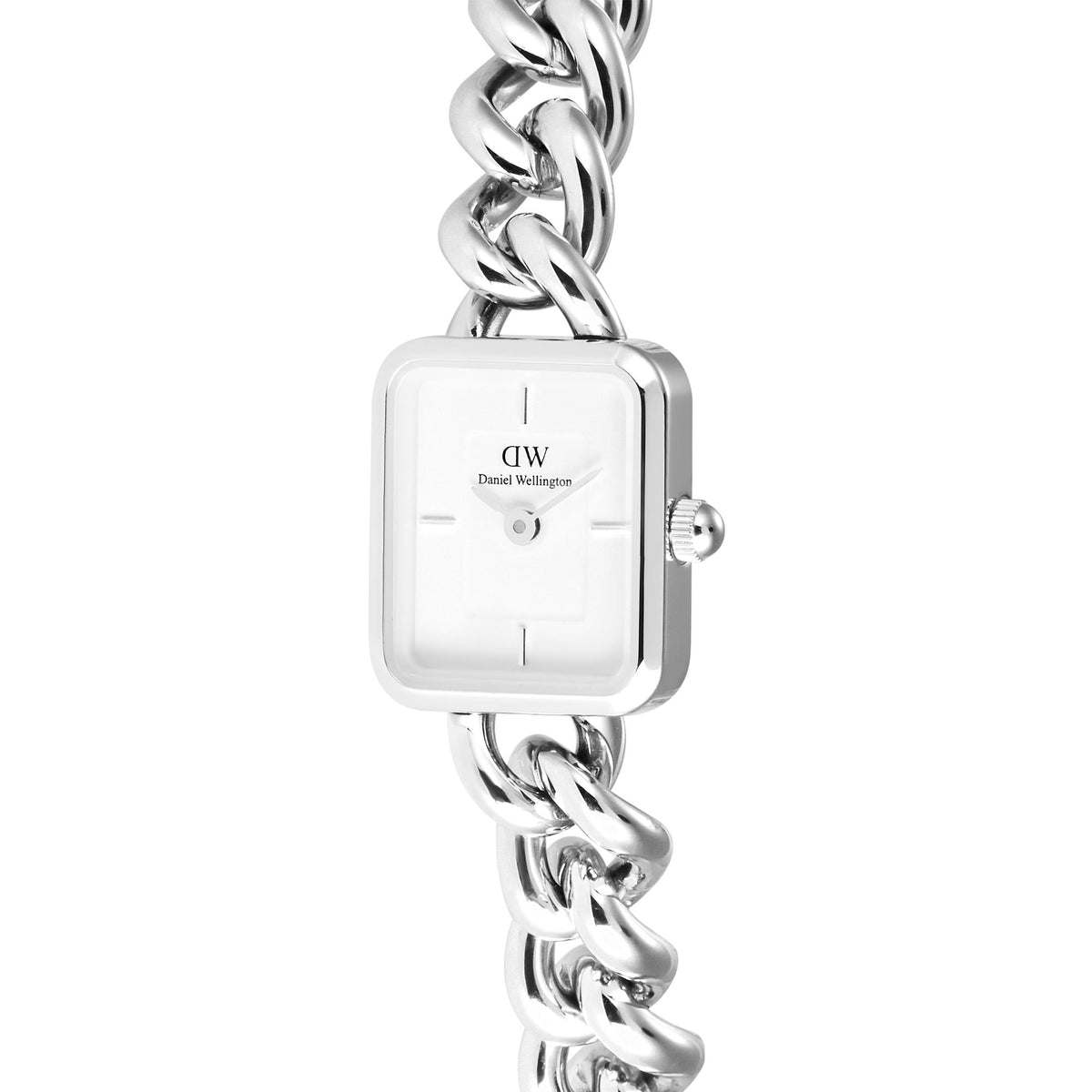 Close-up of silver-link bracelet Daniel Wellington Jolie watch with white square dial