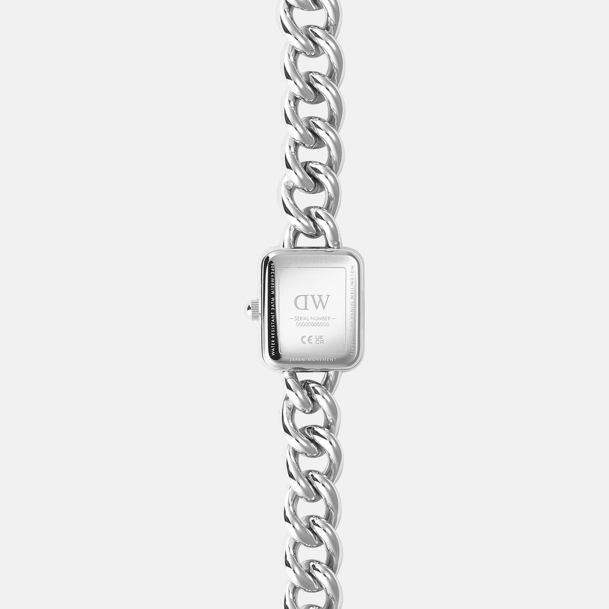 Daniel Wellington Jolie 15mm watch showing case side with white square dial and silver bracelet