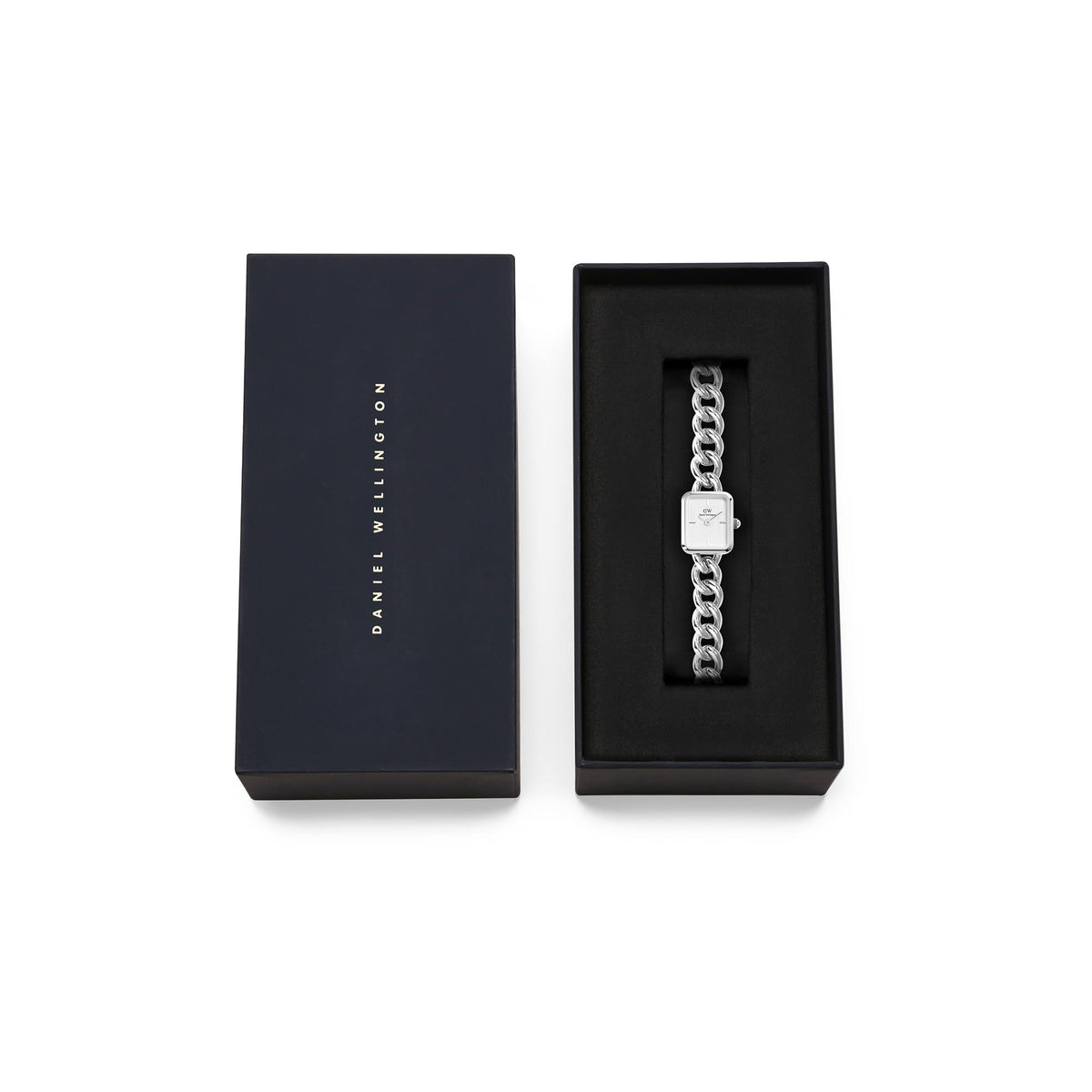 Daniel Wellington watch gift box with silver steel bracelet and white square watch case