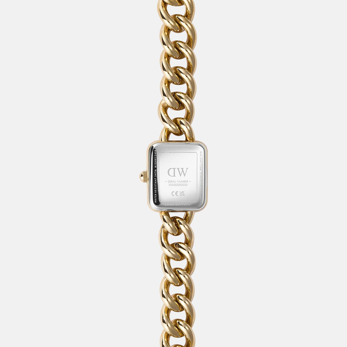 Gold-tone square quartz watch case back with white dial markings and crown, on link bracelet