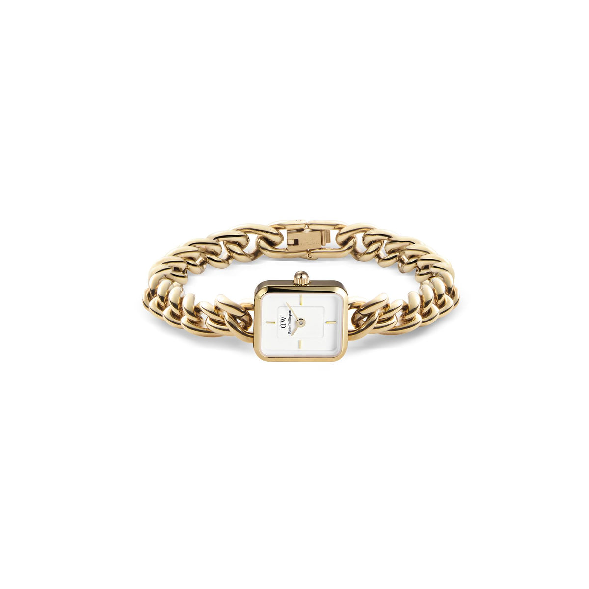 Gold-tone square quartz watch with white dial on chunky link bracelet, top view