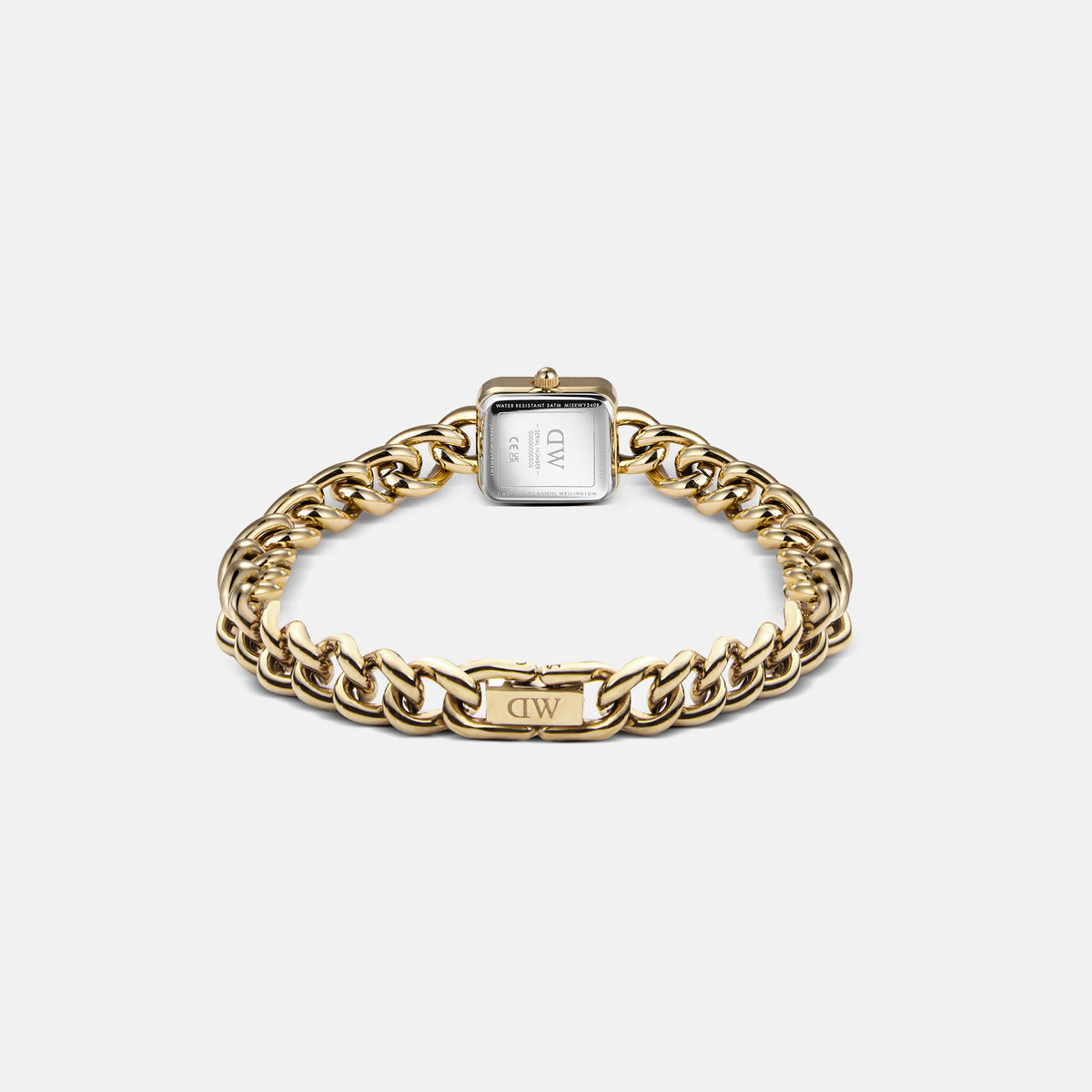 Gold-tone square quartz watch with white dial on linked bracelet with clasp and logo plate