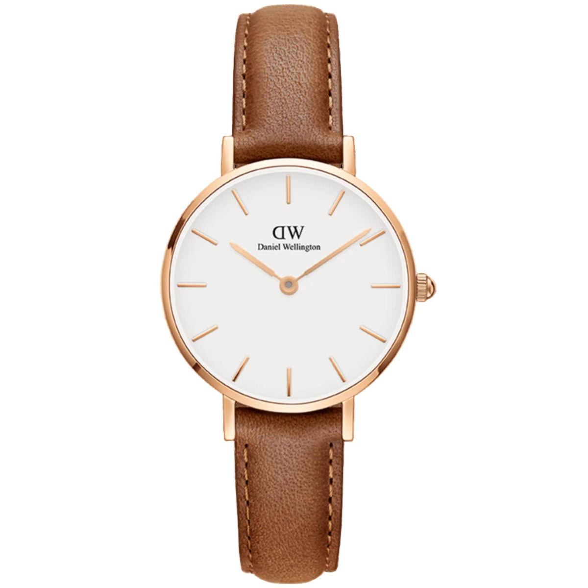 Petite quartz watch with white dial, rose gold case, and brown leather strap