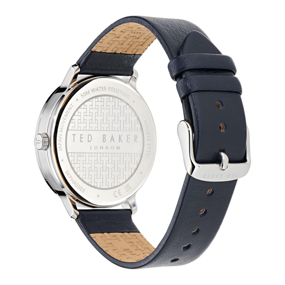 Men's leather watch with navy strap, silver case back with engraved text