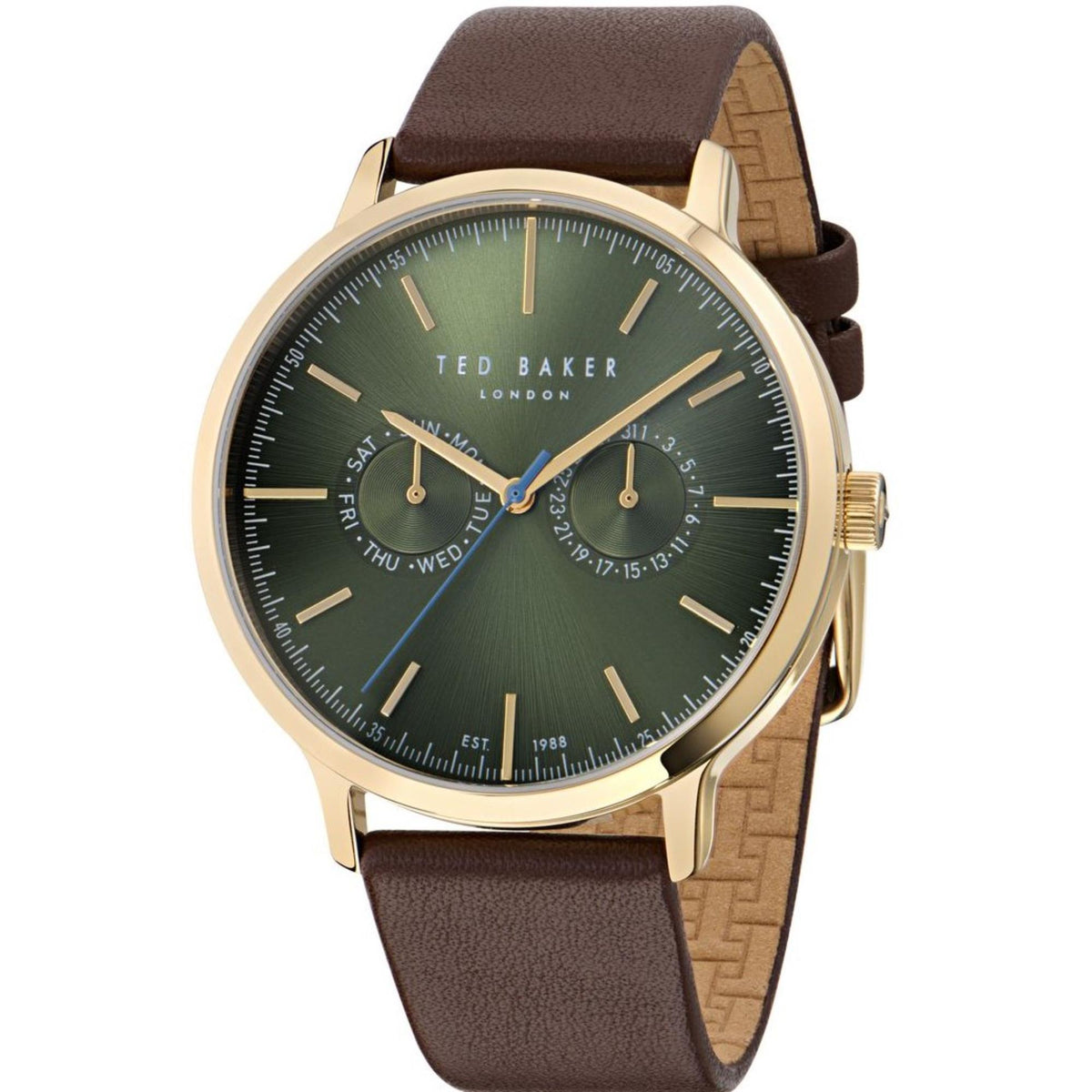 Men's round wristwatch with dark green dial and brown leather strap, gold-tone case