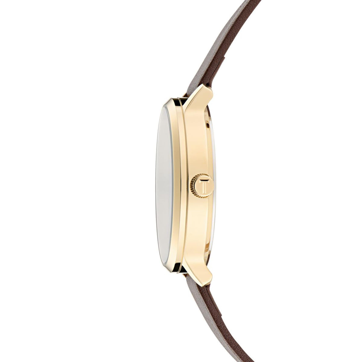 Gold-tone side view of men's wristwatch with brown leather strap, slim case profile