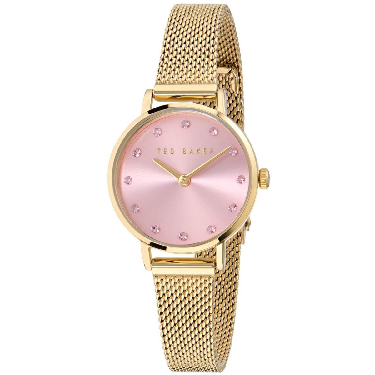 Ladies gold-tone mesh strap watch with round pink dial and crystal hour markers
