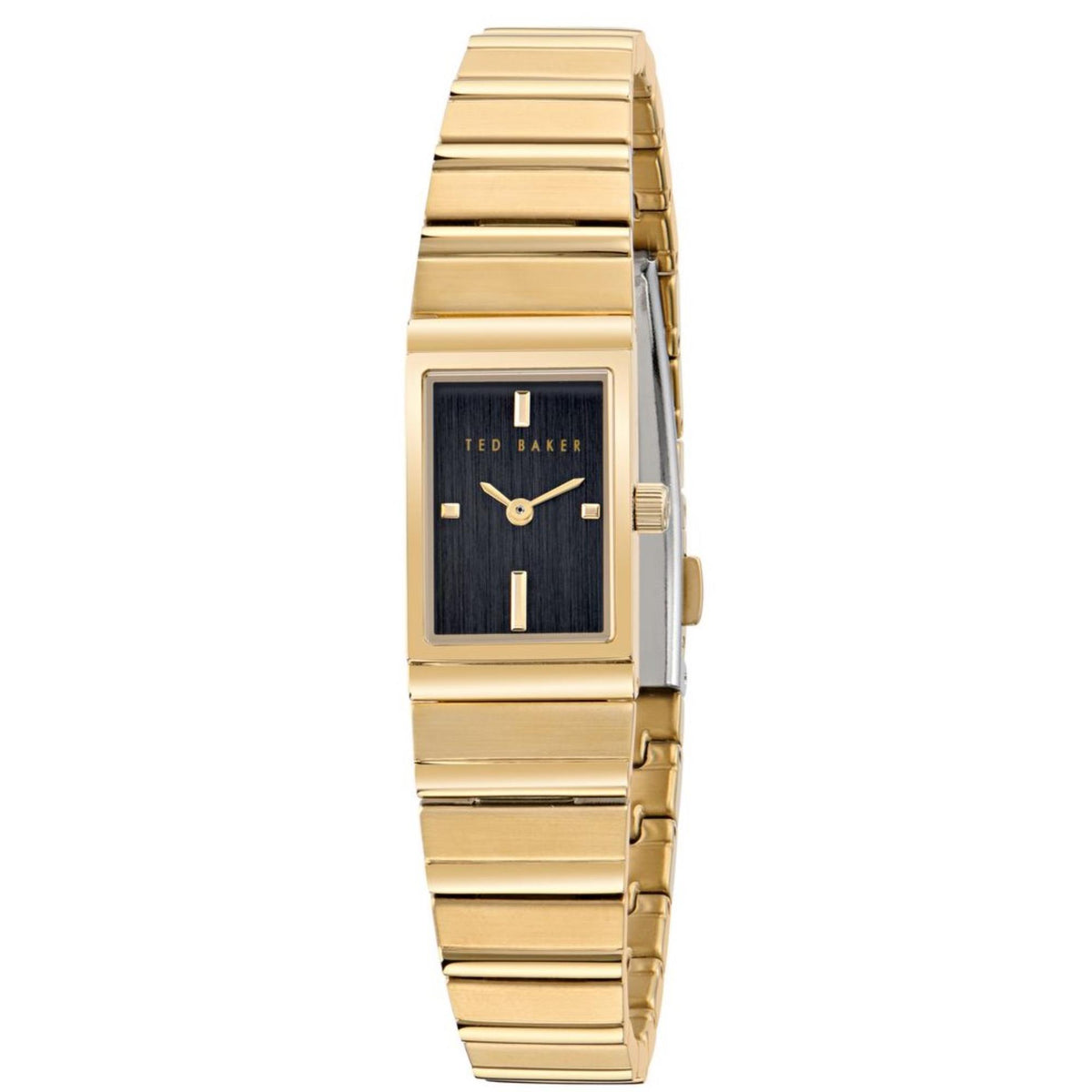 Gold-tone ladies watch with black dial, rectangular markers, stainless steel link bracelet
