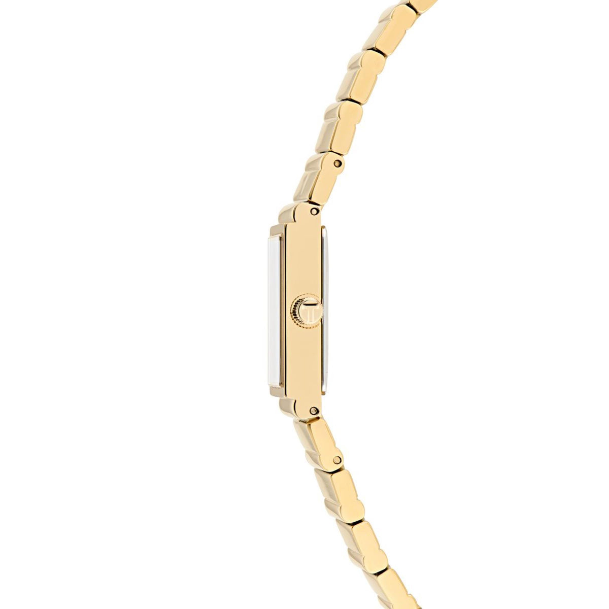 Gold-tone ladies watch side profile with crown and metal link bracelet, black dial