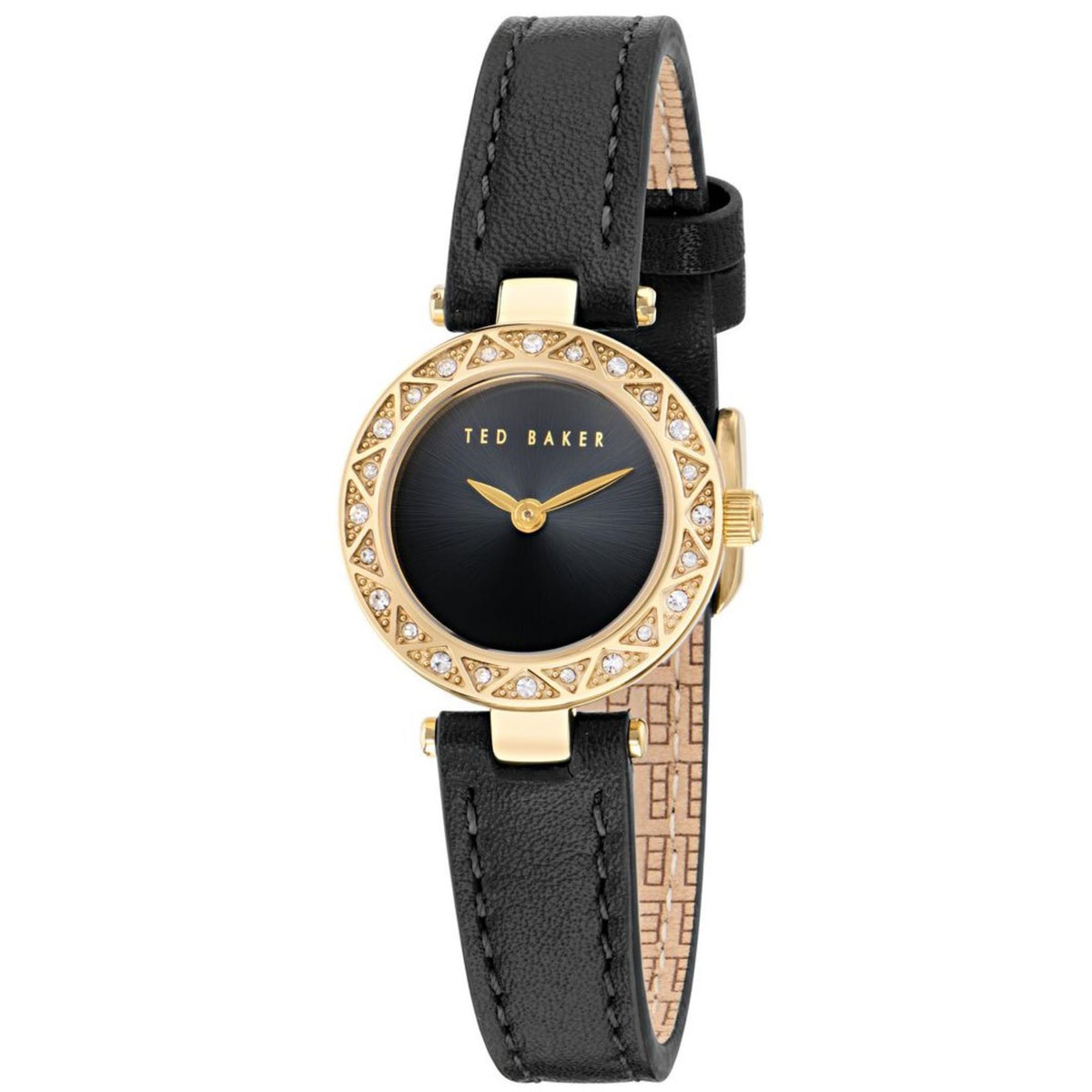 Ladies black leather strap watch with black dial, gold crystal bezel, Ted Baker logo