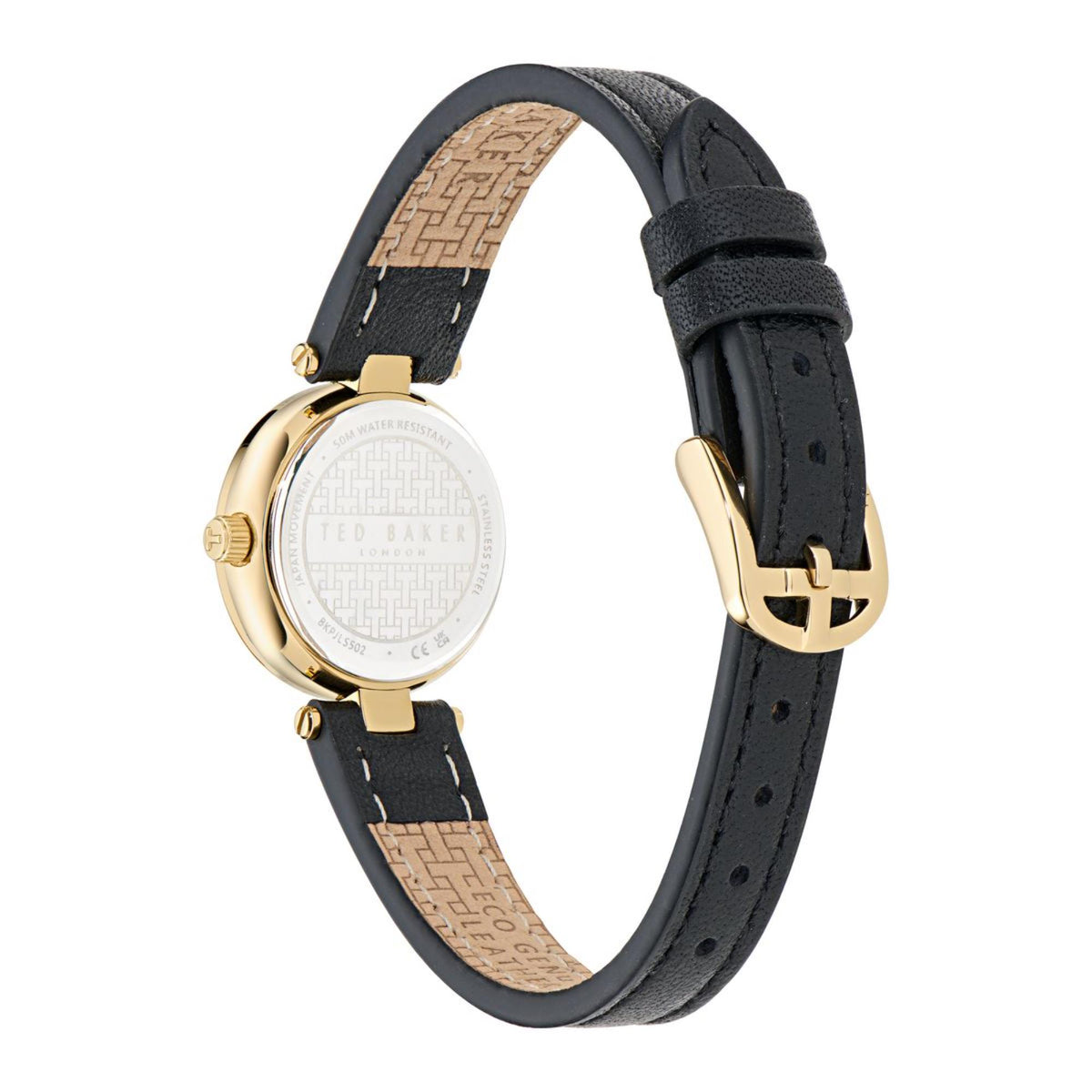 Ladies watch with black leather strap, gold clasp, and textured case back details