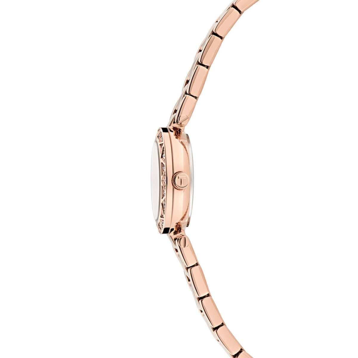 Rose gold tone stainless steel watch case and linked bracelet, crown on right
