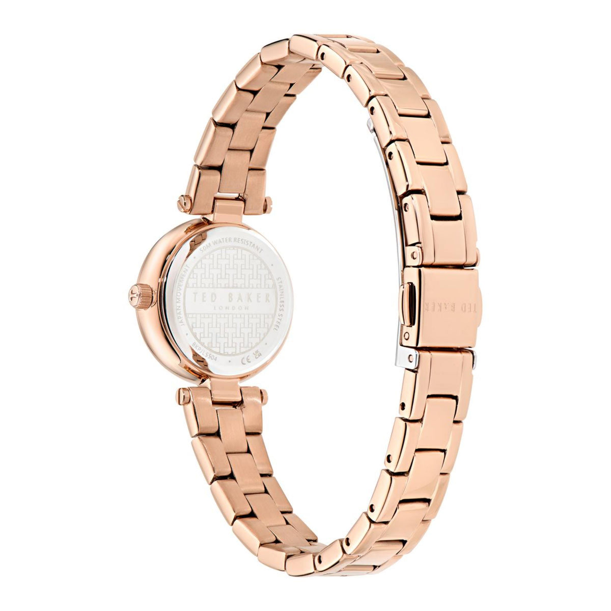 Rose gold tone steel watch with clasp and engraved case back