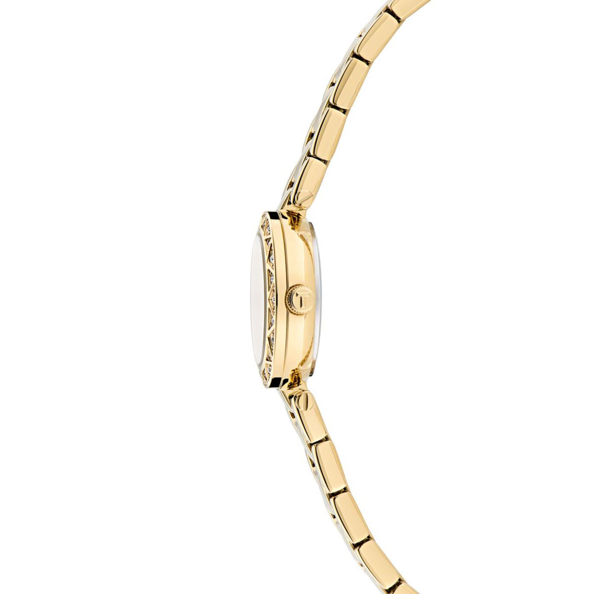 Gold-tone round watch case with crown and link bracelet, side profile