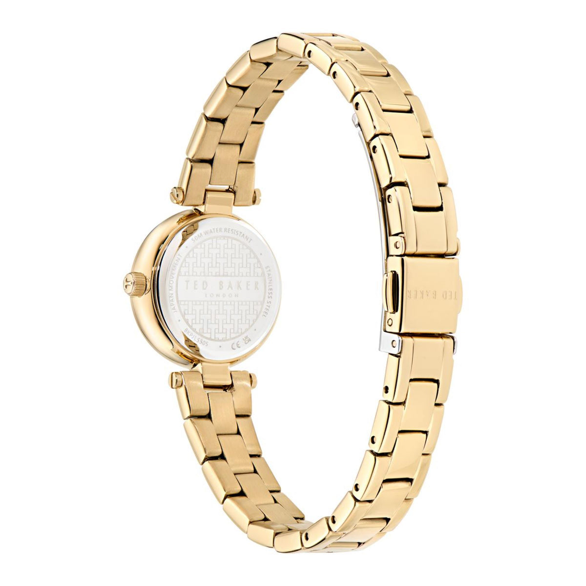 Gold-tone stainless watch caseback with link bracelet, engraved back view