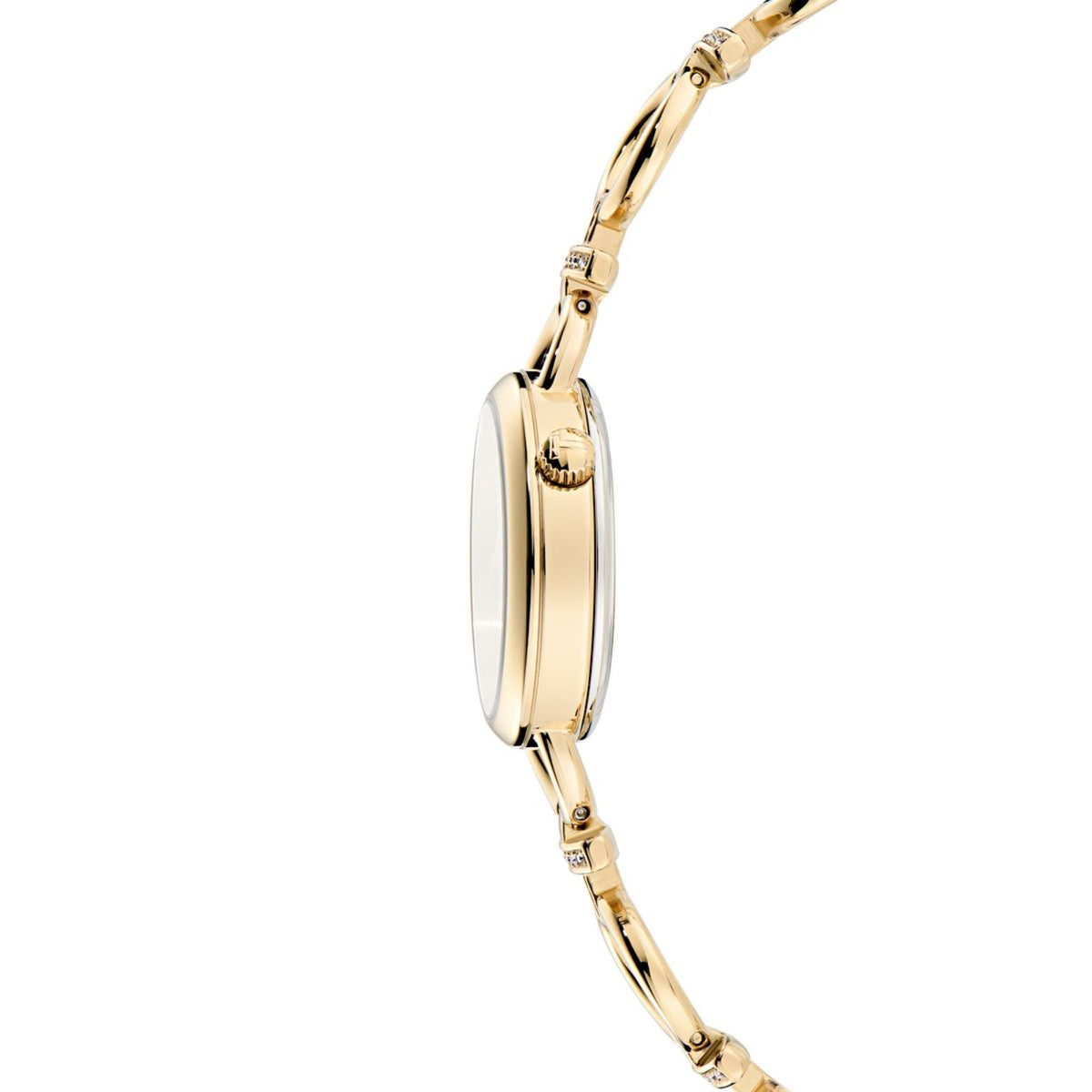 Gold-tone ladies wrist watch, slim round case side view with bracelet links