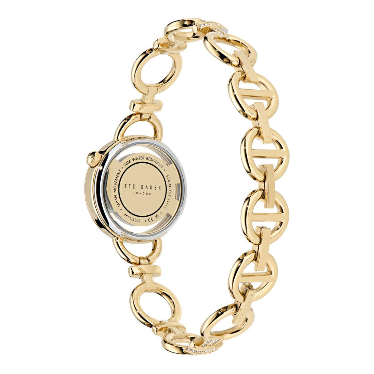 Gold-tone ladies wrist watch with chain link bracelet and round case back
