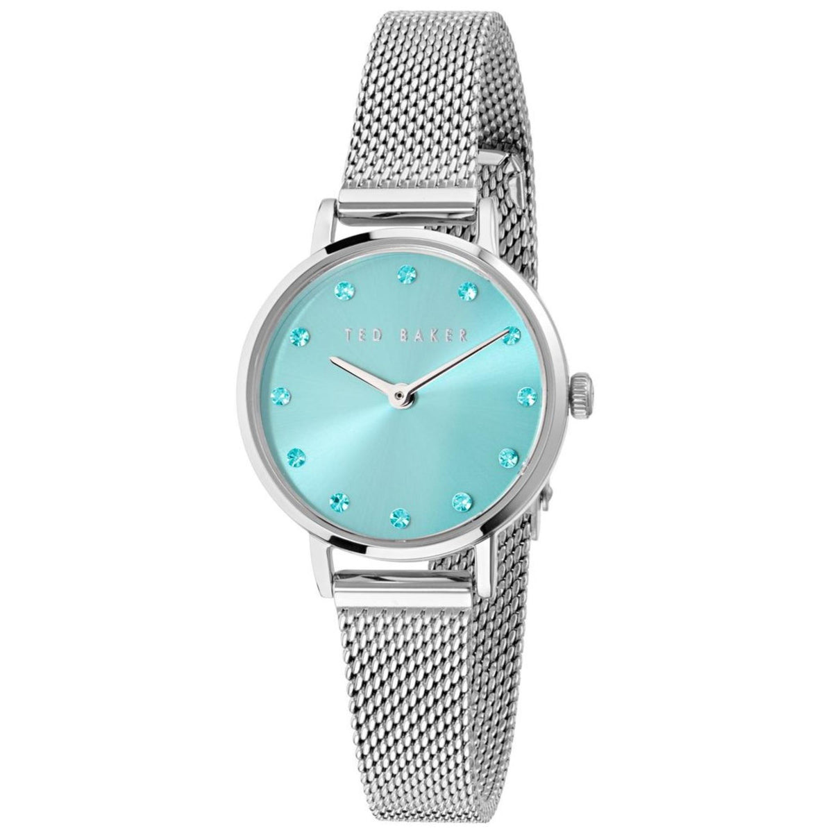 Women’s stainless steel mesh strap watch with turquoise dial and crystal hour markers