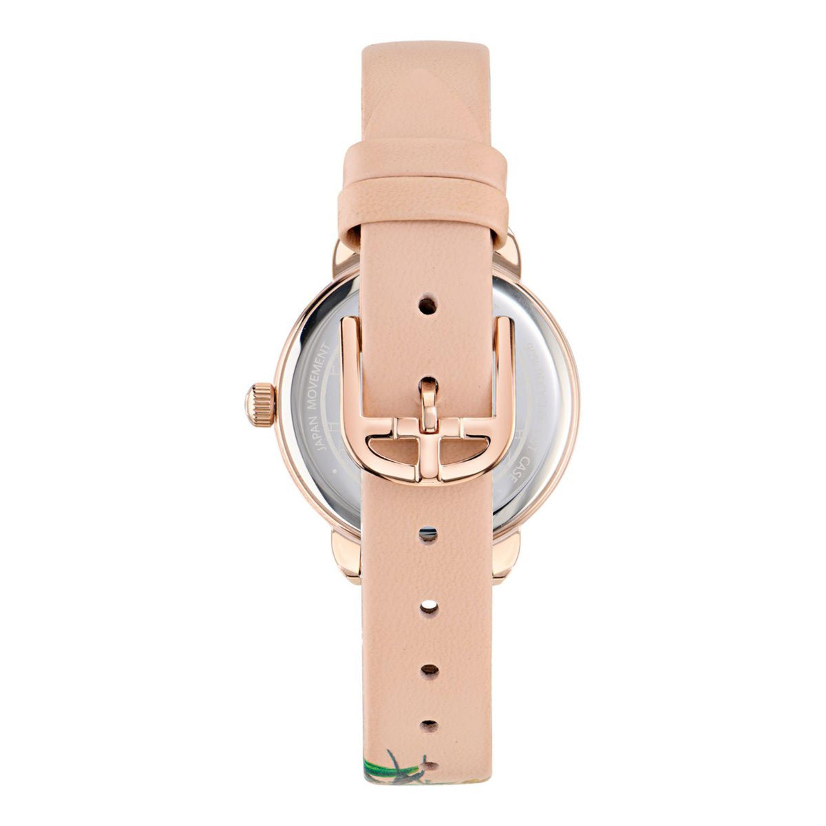 Women’s watch back view with light pink leather strap and rose-gold clasp