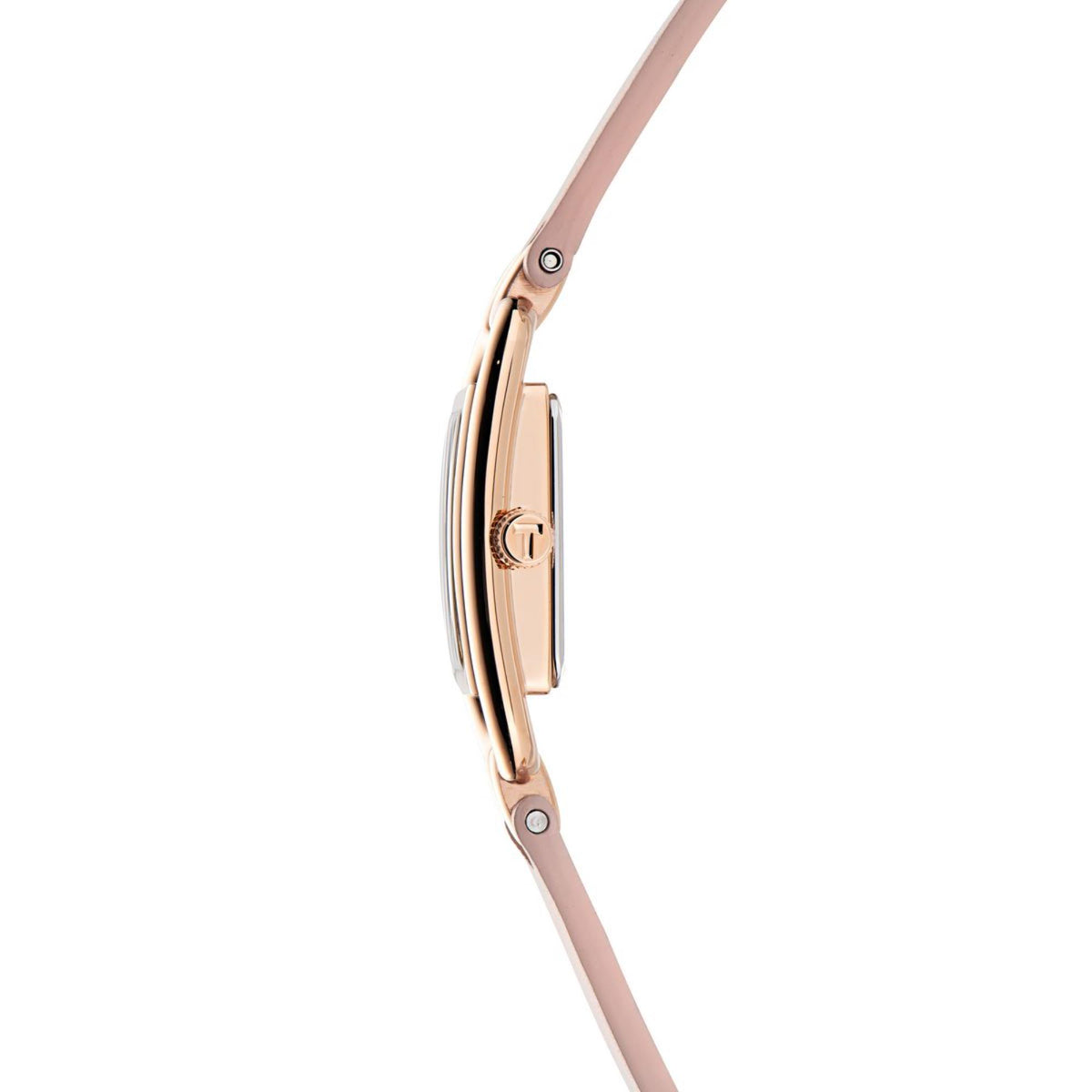 Rose-gold case side profile of pink leather strap ladies watch with crown detail