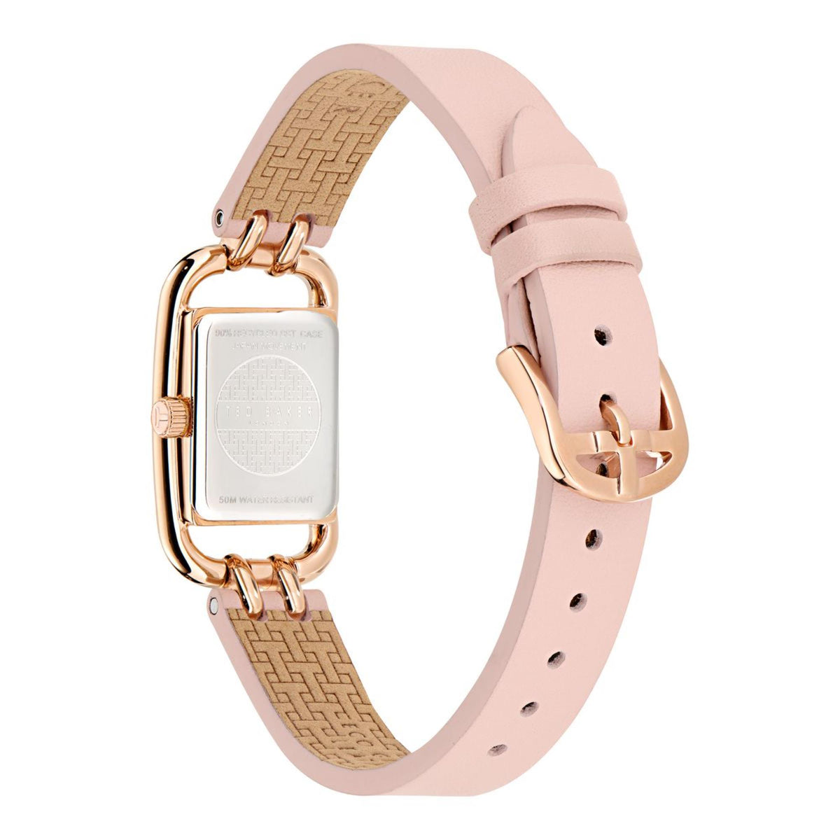 Pink leather watch with rose-gold clasp, textured metal strap insert, and buckle holes