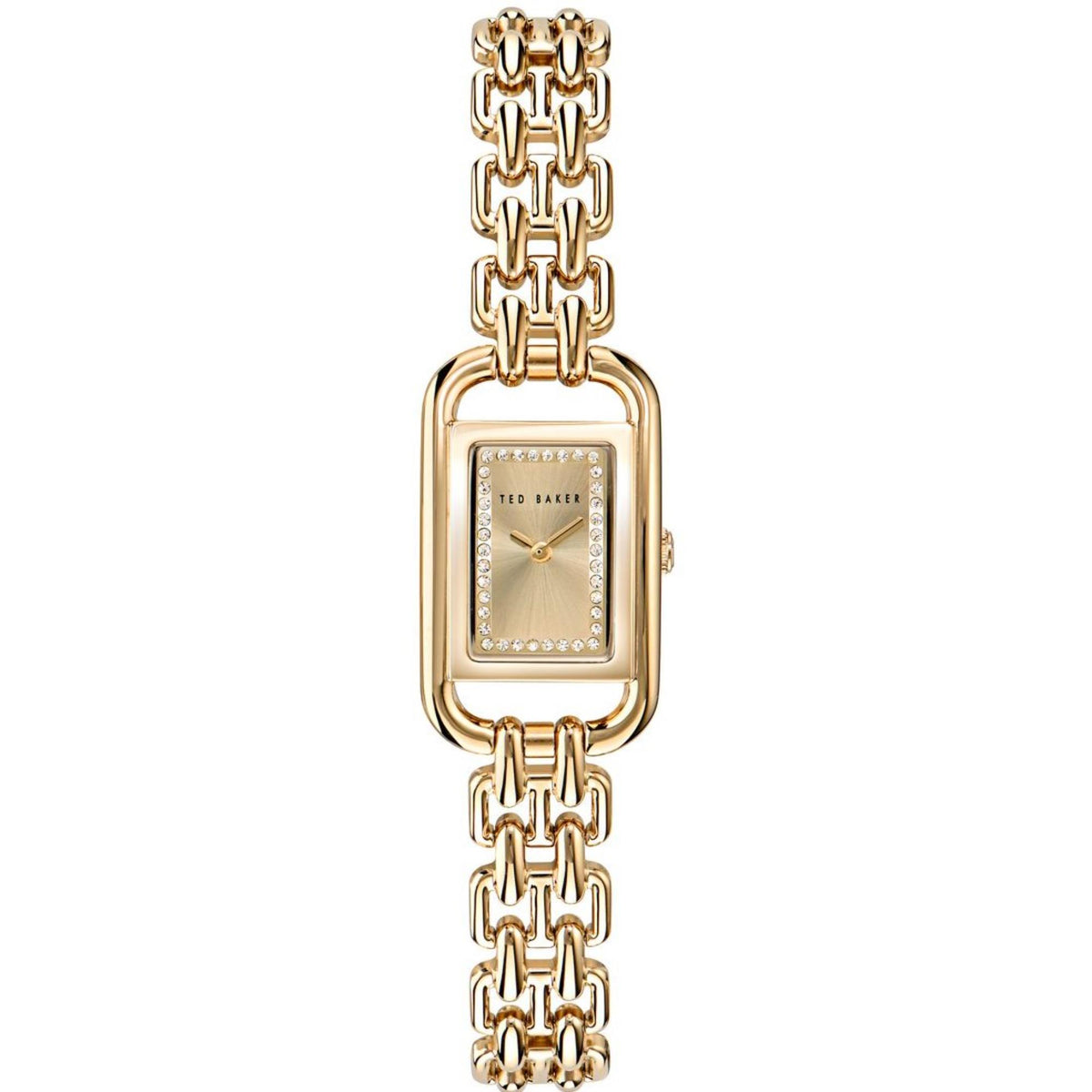Gold-tone stainless steel ladies watch with rectangular crystal bezel and chain-link bracelet.