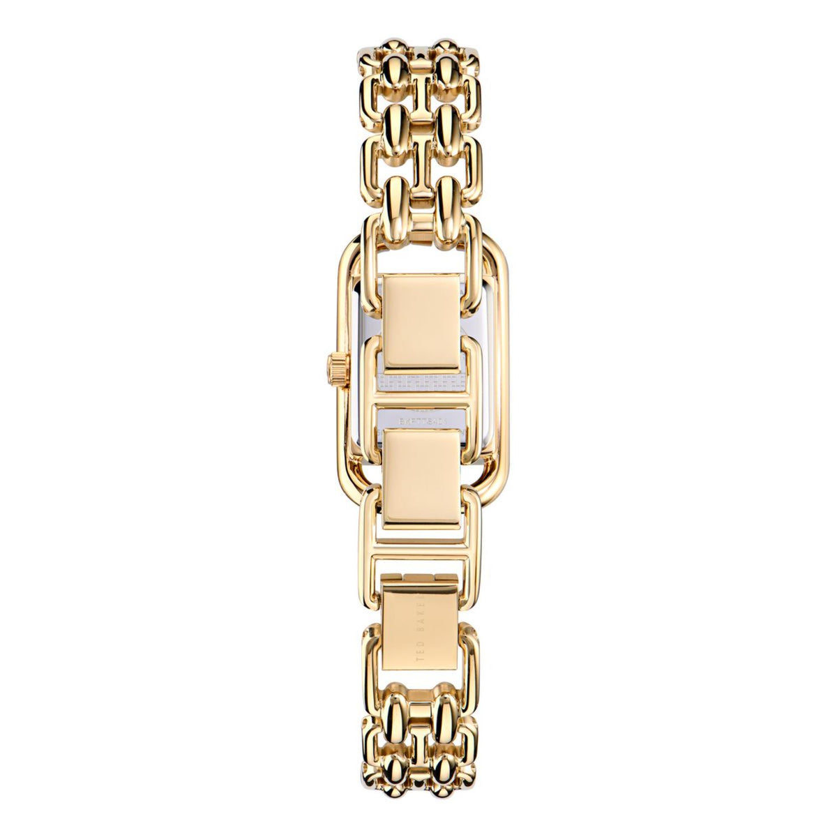 Gold-tone ladies watch with rectangular case and chain-link bracelet, close-up front view.