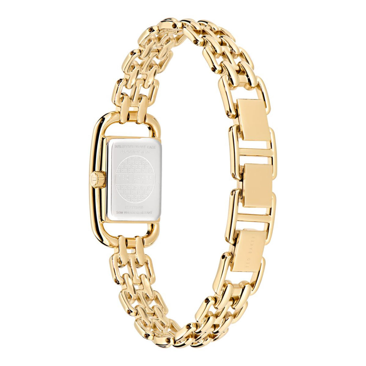 Gold-tone ladies watch with rectangular case back and chain-link bracelet, angled view.