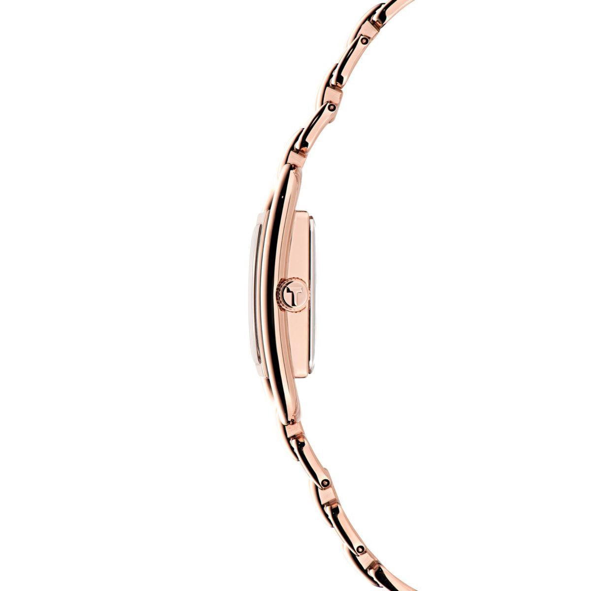 Rose gold tone watch case in side view with rectangular face and metal links