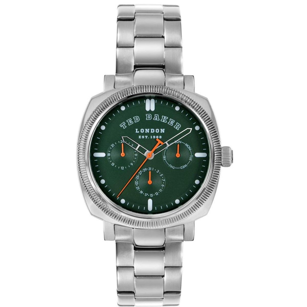 Men's stainless steel wrist watch with green dial and orange-accent chronograph
