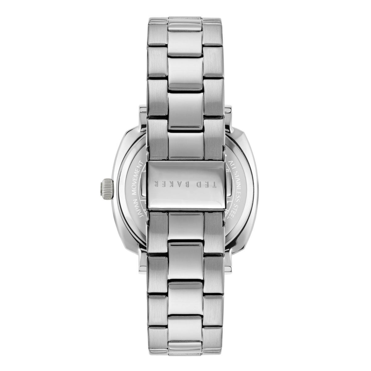 Men's stainless steel watch caseback, silver back with engraved text